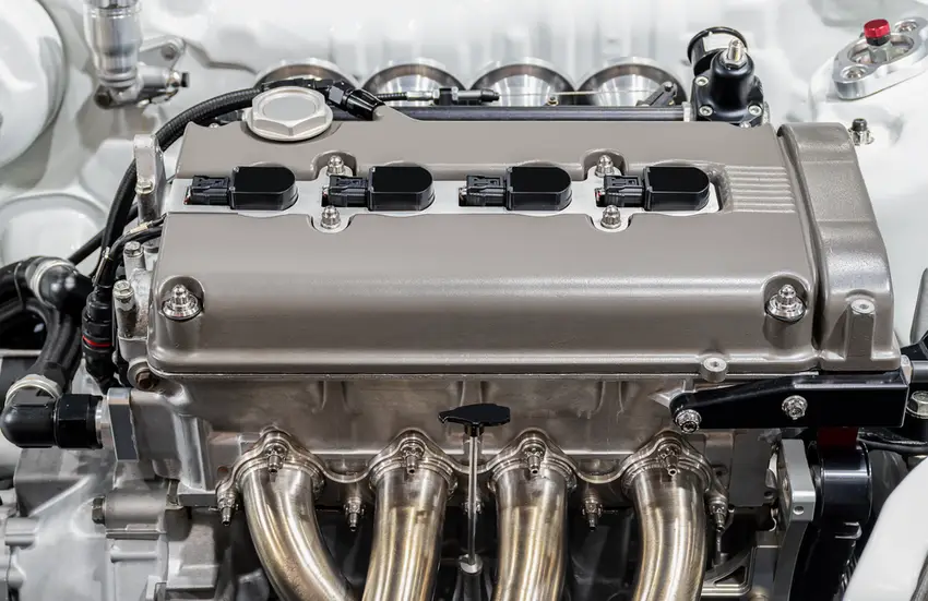 A shiny silvery car engine showing a top cover and four tubes running from inside 