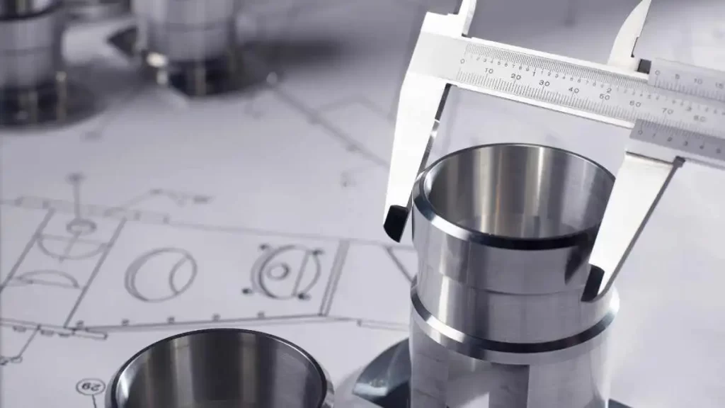 Image of a complex CNC-machined part being measured for its dimensional characteristics using vernier calipers.