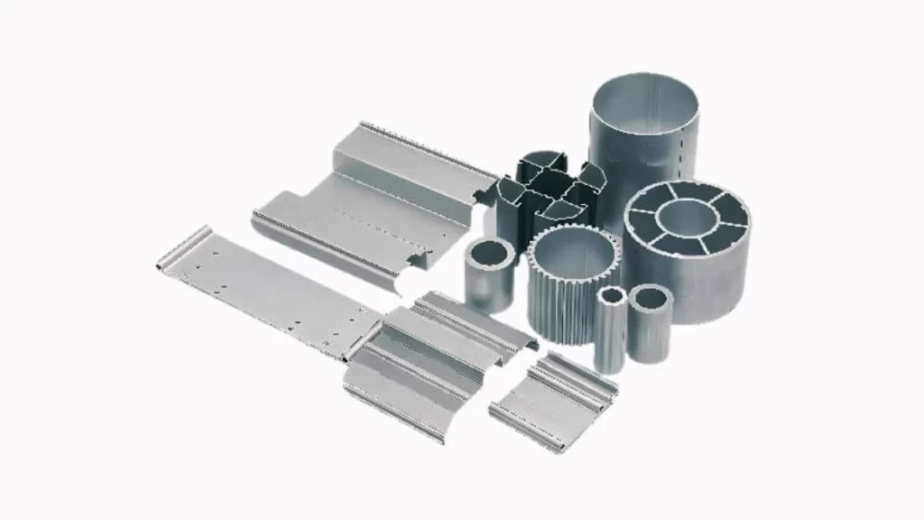 An image showing custom aluminum extrusion products with variant designs. The profiles range from simple to complex shapes