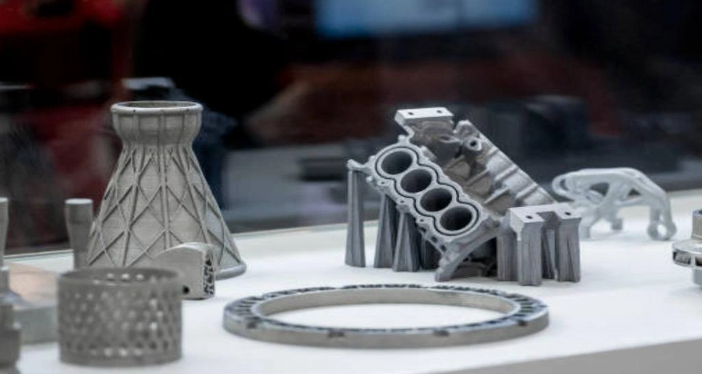 A closeup view of complex DMLS 3D printing prototypes