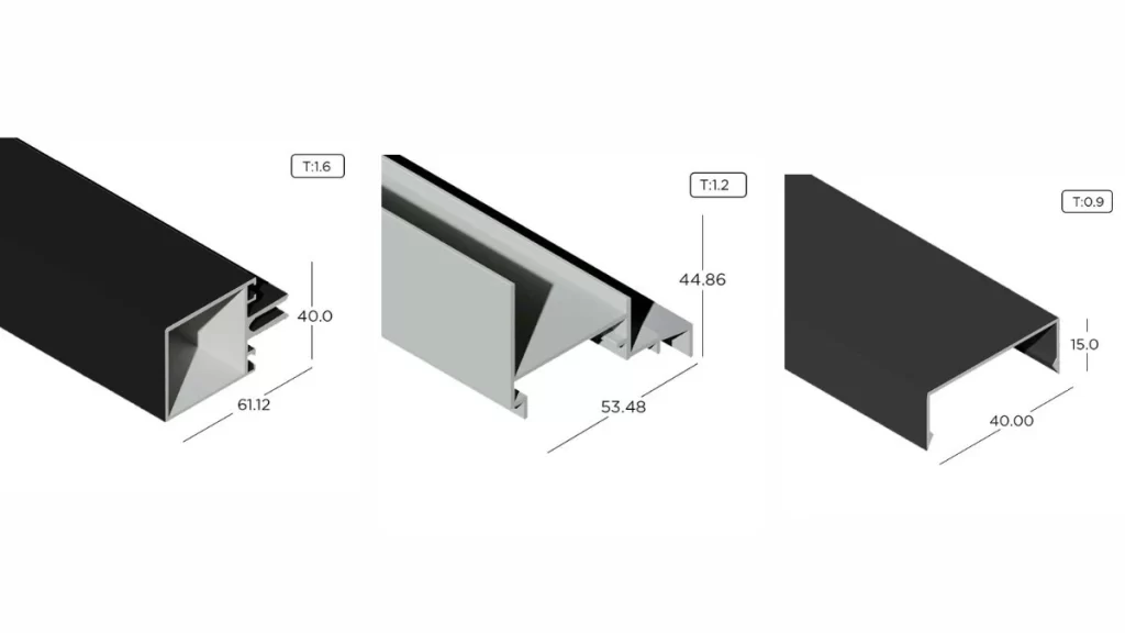 An image displaying aluminum extruded profiles with varying temper and wall thickness. It highlights the differences in design specifications.