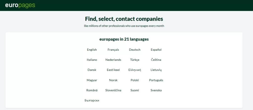 Screenshot of the Europages platform, displaying various language options for browsing.