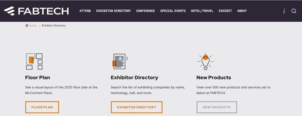 A screenshot of the FABTECH platform, showcasing exhibitor directories and new product listings.