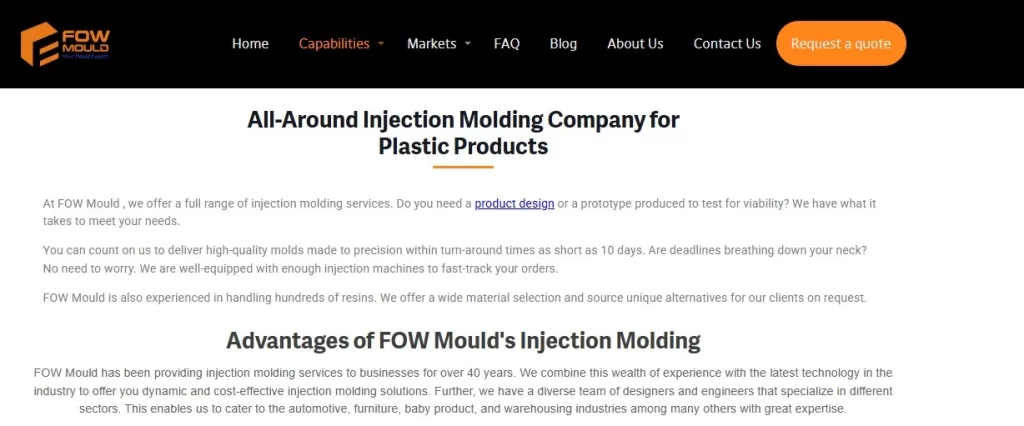 Screenshot of Fow Mould’s Injection Molding Service page. It highlights their competitive benefits, fast lead times, and detailed service features.