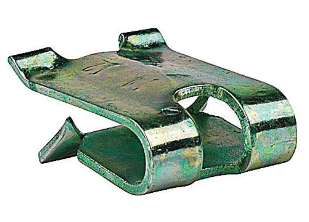 A closeup image of a green metal clip