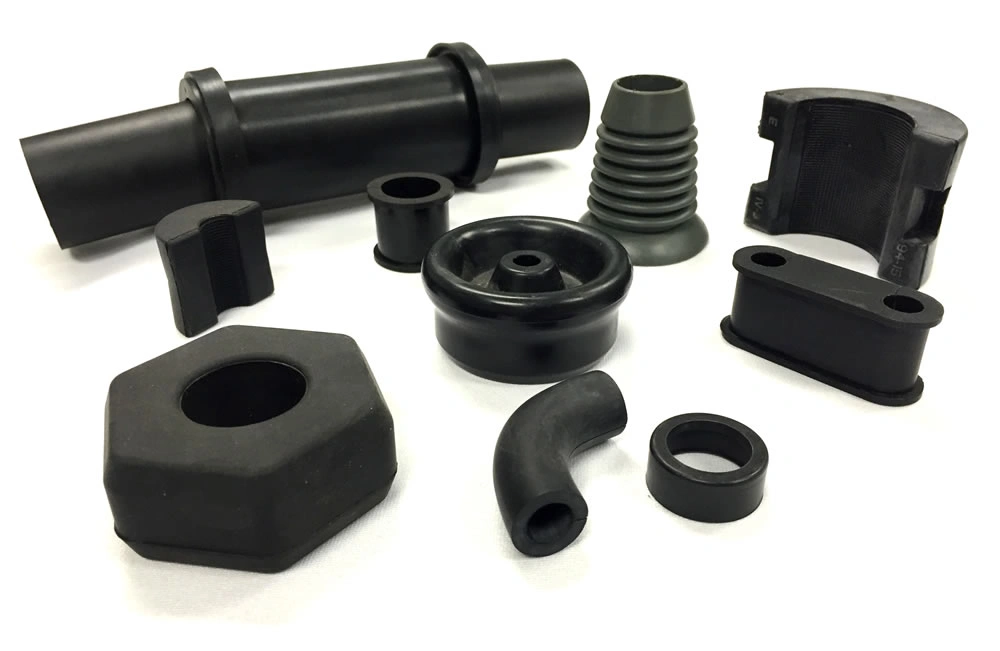 Different types of black-colored plastic insulators made from plastic injection molding 