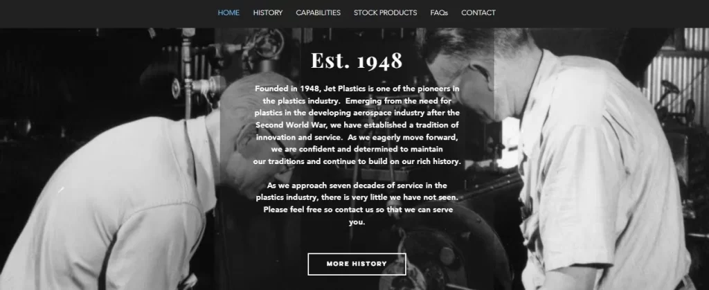 A Screenshot of JET Plastics' home web page. It features a brief history of the company and its contributions to the plastics industry.