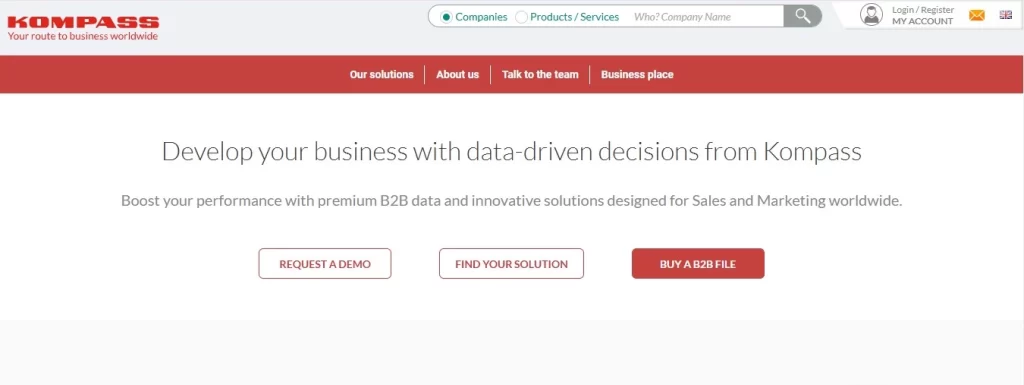 Screenshot of the Kompass platform's search page, showing options to search for solutions and request a demo.