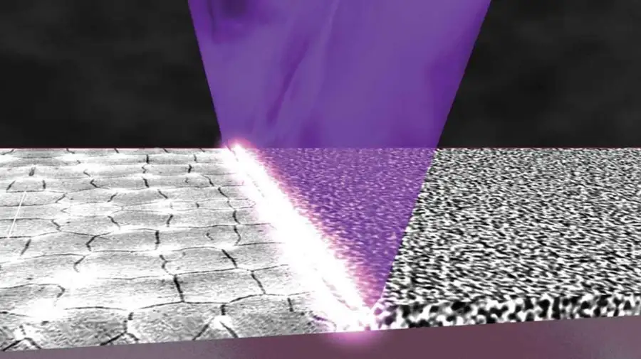 An overview of the laser annealing process. In the Image, a focused laser beam heats a metal surface to create oxidation-based, high-contrast markings without damaging the material surface.