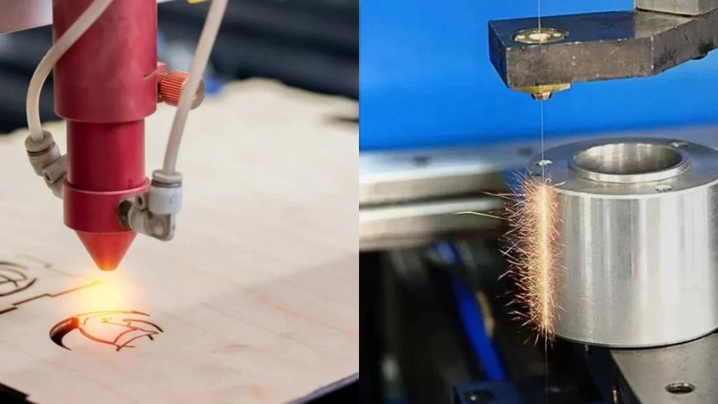 An image comparing laser cutting vs. Wire EDM. It shows a simple depiction, with laser cutting on one side and Wire EDM precisely cutting a steel piece on the other