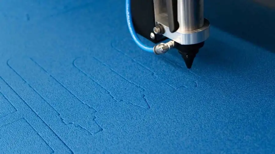 An Image of a laser foaming machine in action. It marks a detailed design on a blue foam surface