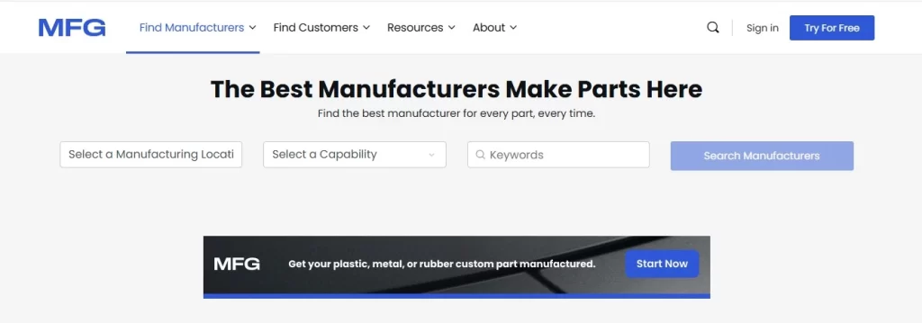 Screenshot of the MFG platform, showcasing a page to search for supplier profiles and manufacturing capabilities.