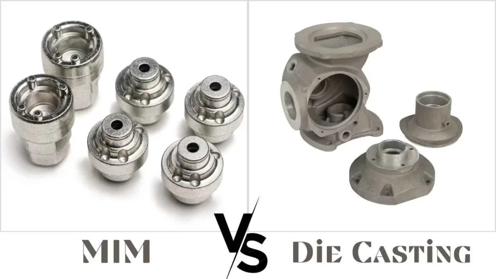 An image depicts a comparative illustration of parts of Metal Injection Molding (MIM) and die-casting.