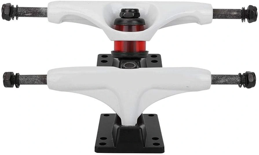 Two assembled magnesium alloy skateboard trucks in white color made with the casting process