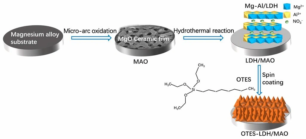 A schematic diagram elaborating the process of magnesium micro arc oxidation, showing the development of ceramic film, hydrothermal reaction, and spin coating. 