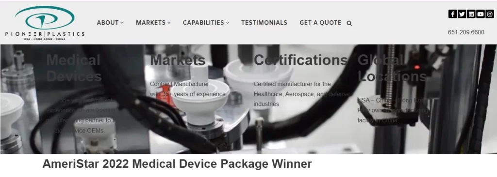 A Screenshot of Pioneer Plastics' Service page. It highlights their certifications and compliance with market standards.