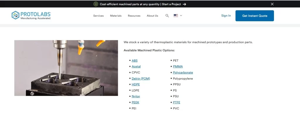 Screenshot of Protolabs' Network (Hubs) page displaying a list of plastic machining materials available for manufacturing