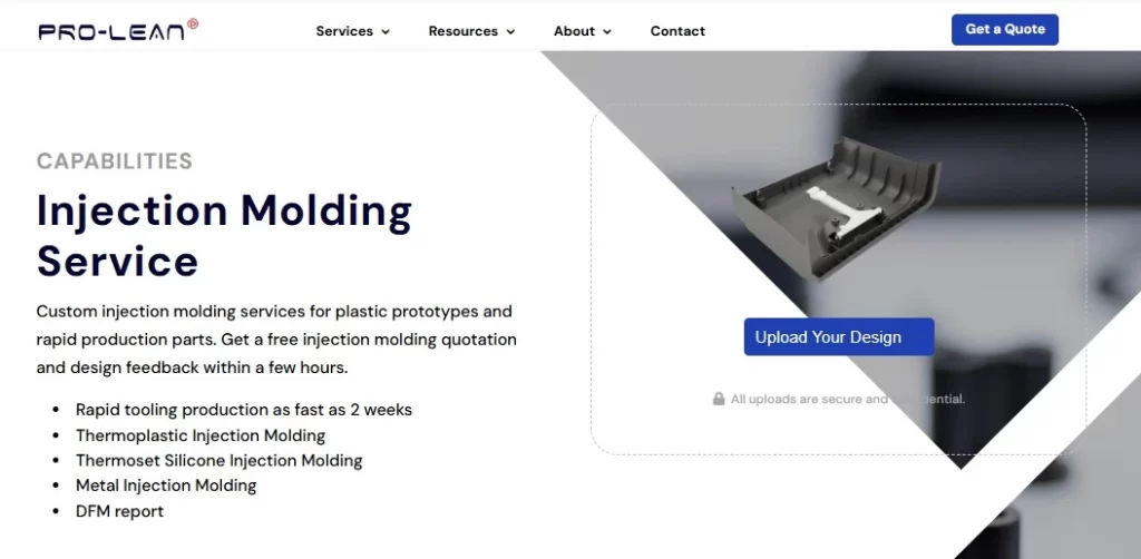 The image displays Prolean Tech's capabilities in Metal Injection Molding (MIM). It highlights the company's core expertise in providing a wide range of molding and materials, from plastic to metal and composite materials.