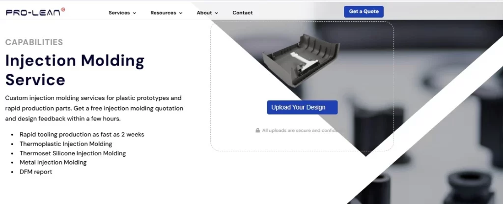 Screenshot of Prolean Tech's Injection Molding Service interface. It showcases a detailed overview of capabilities in molding processes, material options, and services offered, displayed in a modern layout with navigation options.