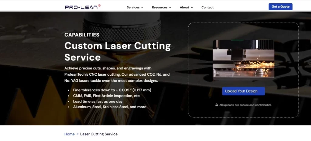 The image showcasing ProleanTech's laser cutting services. It highlights capabilities like fine tolerances, quick lead times, and materials such as aluminum, steel, and stainless steel.