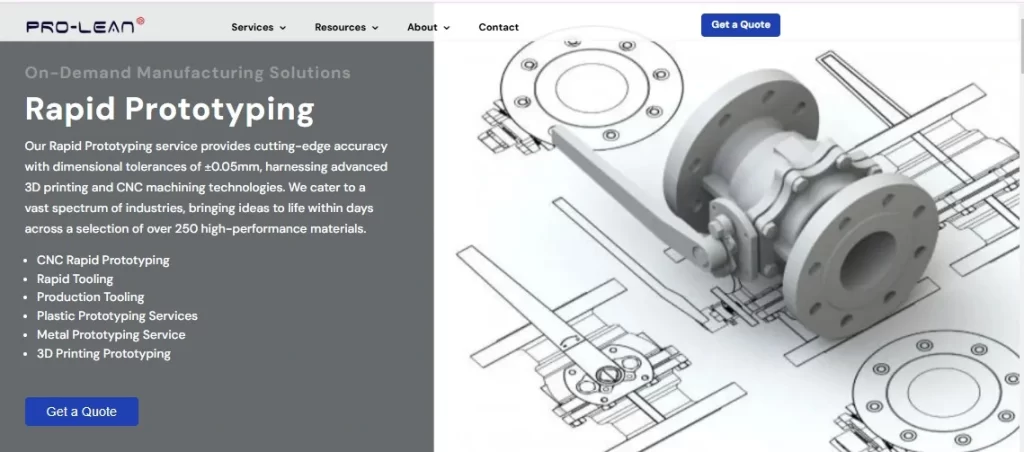 Image highlighting Prolean Tech's rapid tooling capabilities, showcasing precision with tolerances up to ±0.05mm, and a selection of 250 high-quality materials available for prototyping.