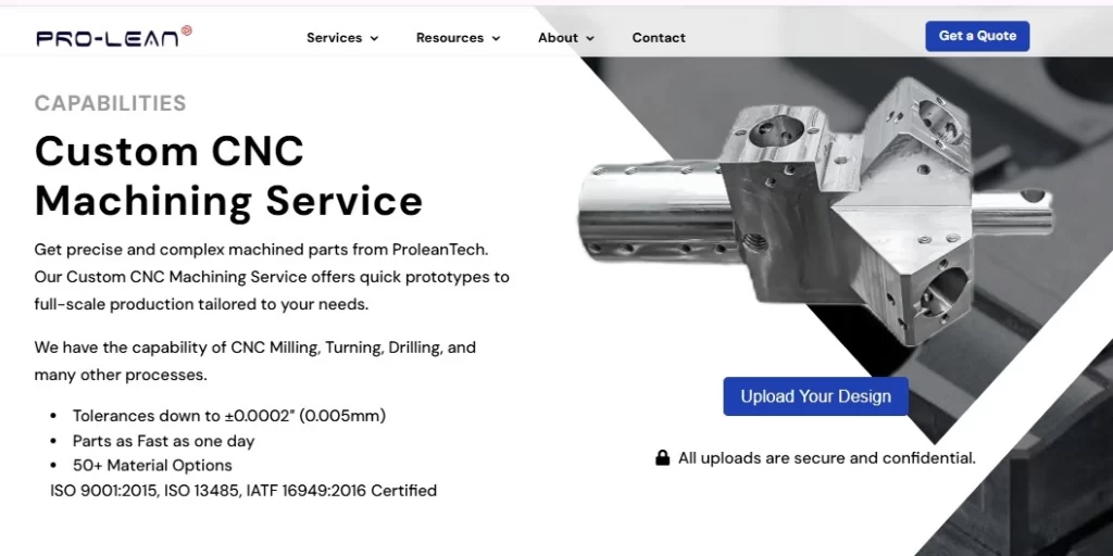 An image showing ProLean Tech’s CNC machining capabilities. It achieves a precision of up to ±0.0002 inches (0.005mm), with diverse material options and a short turnaround time