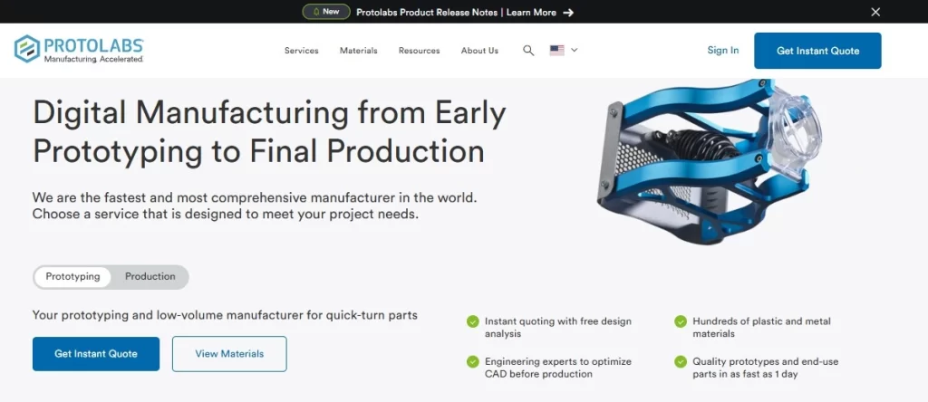 Screenshot of Protolabs' Digital Manufacturing Services page. It highlights a range of services offered such as low volume prototyping, 3D printing, and diverse plastic material options, with navigation menus and visible service descriptions.