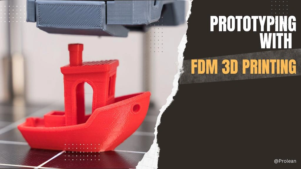 An FDM printer creating a red-coloured prototype with text at the side “ PROTOTYPING WITH FDM 3D PRINTING