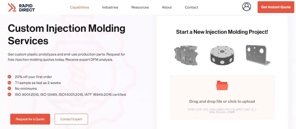 Screenshot of RapidDirect's Custom Injection Molding Service page. It depicts their exclusive benefits for ordering first-time custom parts, including premium-quality checks and adherence to ISO standards.