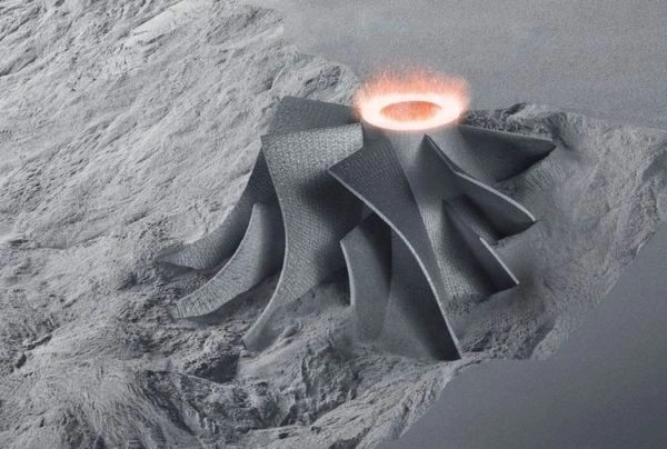 A close-up view of the SLS process, laser sintering the prototype in powder bed 