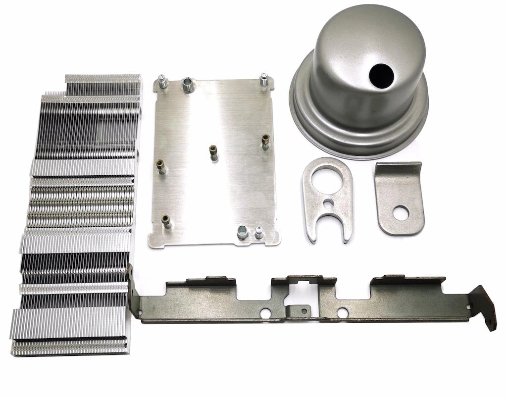 An image containing different stainless stamping parts, stretched tubes, brackets, heat sinks, etc.