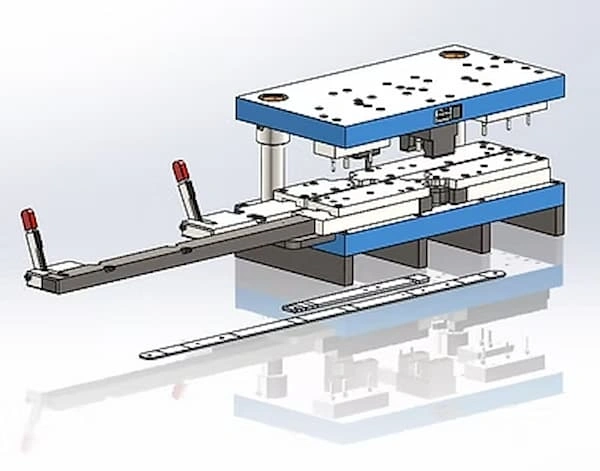 A 3D modeling of sheet metal stamping die with detailing of aligning pins, holes, cavities, etc