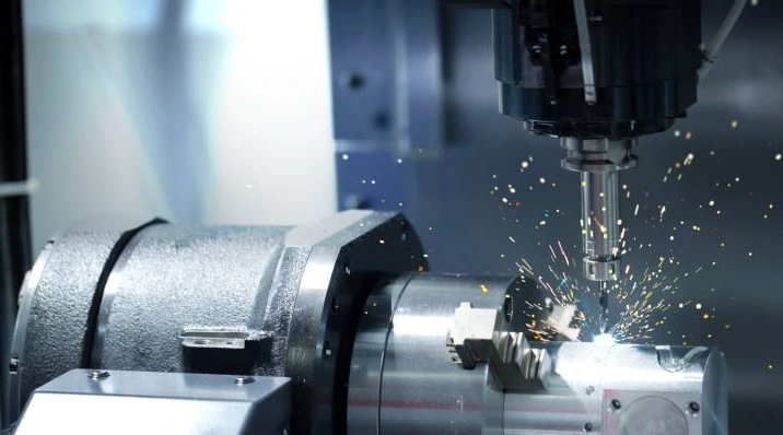 A steel component held between lathe jaws being drilled and forming sparks