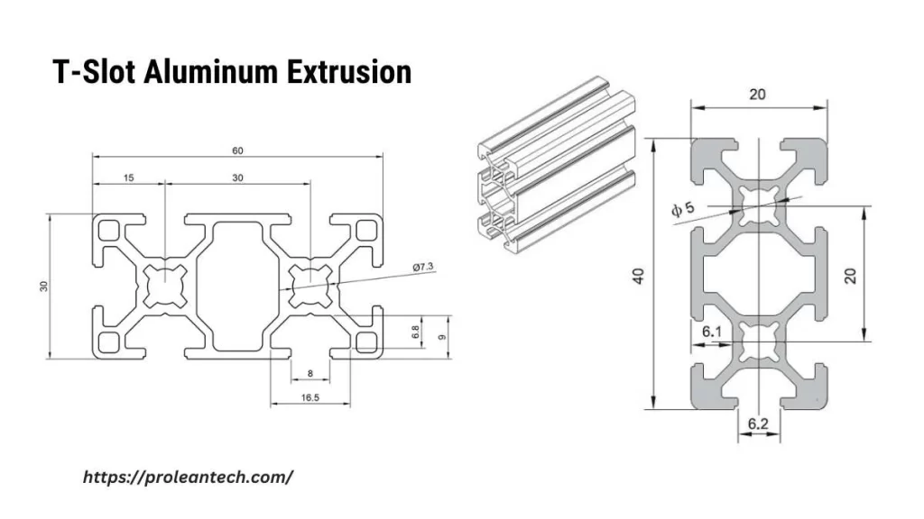 An Image of 3D design rendering of T-slot aluminum extrusion profiles. It showcases the detailed structure and interlocking slots by highlighting the dimensions for assembly purposes