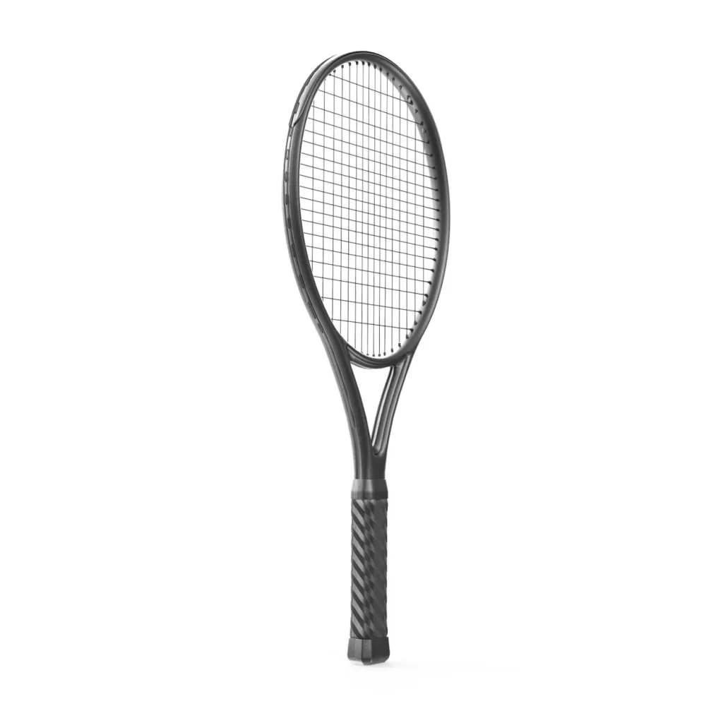 A closeup image of a carbon fiber tennis racket