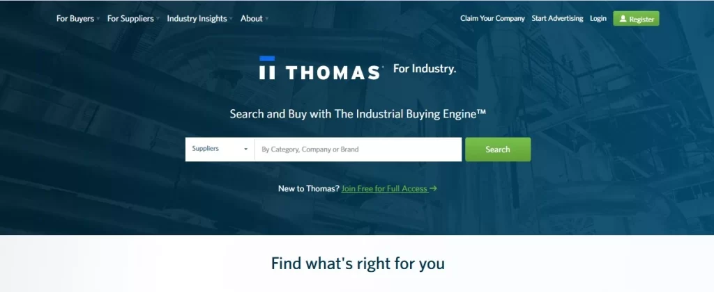 Screenshot of the ThomasNet platform, displaying company profiles and product listings.