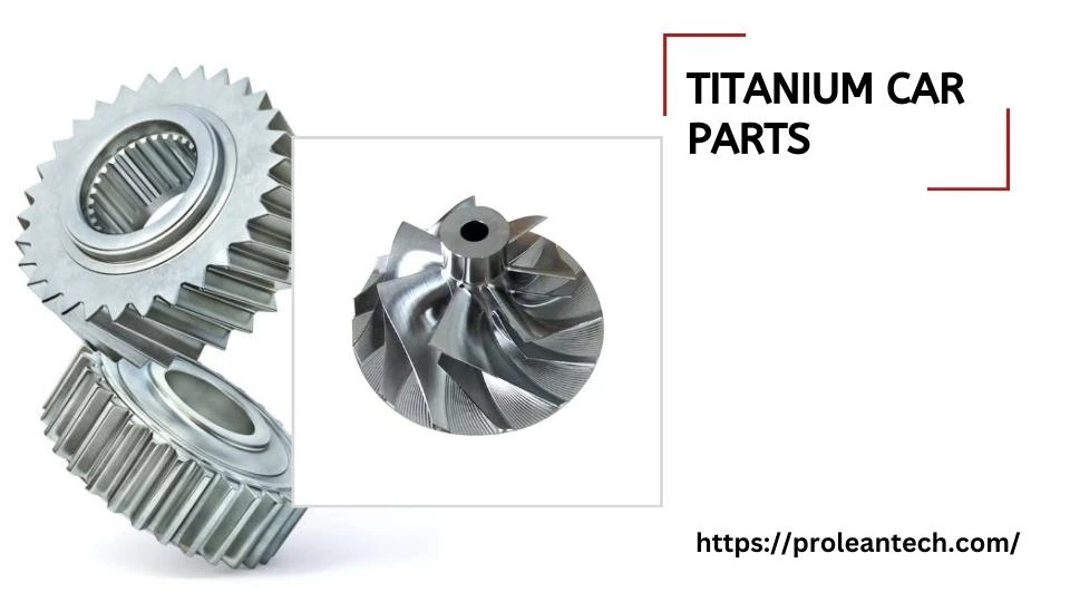 The image depicts an intricate titanium car part design (which seems like a gear component) designed to improve vehicle performance.