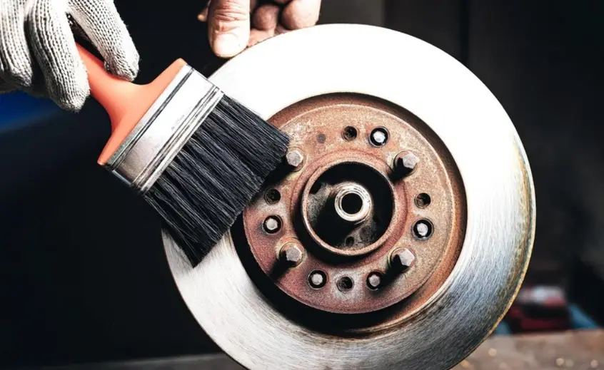 A person cleaning a CNC machined brake rotor using a brush