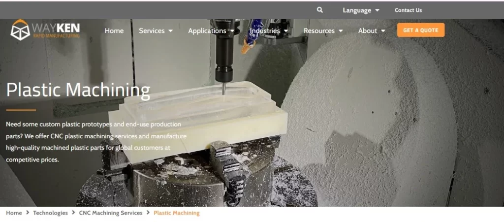 Screenshot of WayKen's Plastic Machining Service page. It showcases precise information on their plastic machining capabilities, including material options, and services offered.