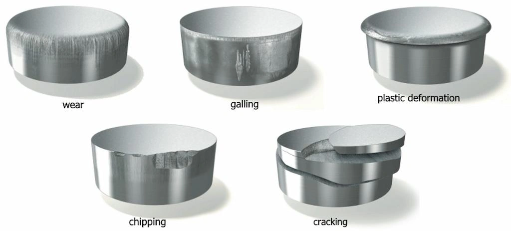 An image showing wear and other physical damages on the stamping punch, including wear, galling, plastic deformation, chipping, and cracking