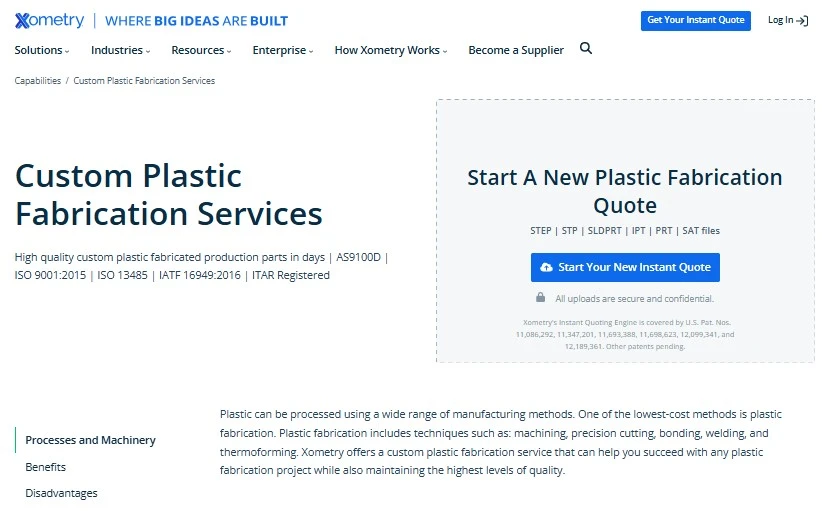 Screenshot of Xometry’s Custom Plastic Fabrication Services page. It displays a detailed description of their plastic fabrication capabilities, quality standards, and a user-friendly interface for requesting quotes