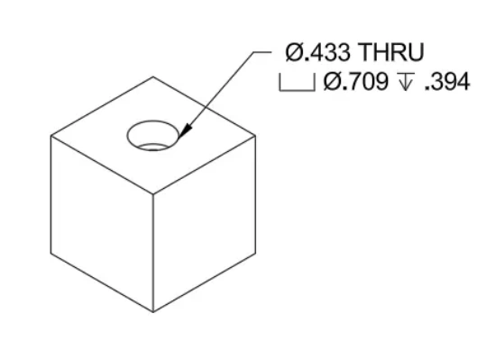 An image of a counterbore hole callout showing dimensions and a symbol