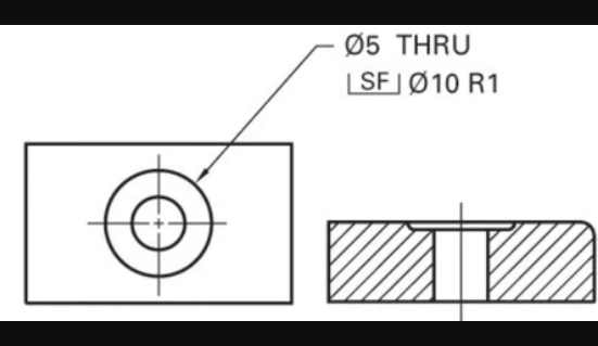 An image of a spotface hole callout showing dimensions and a symbol