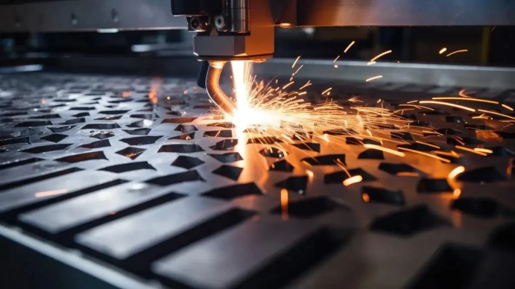 A nozzle producing a stream of a red-hot component on a part with sparks bouncing off