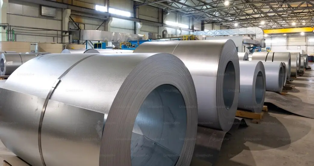 Many rolls of shiny silvery metal arranged in a warehouse 