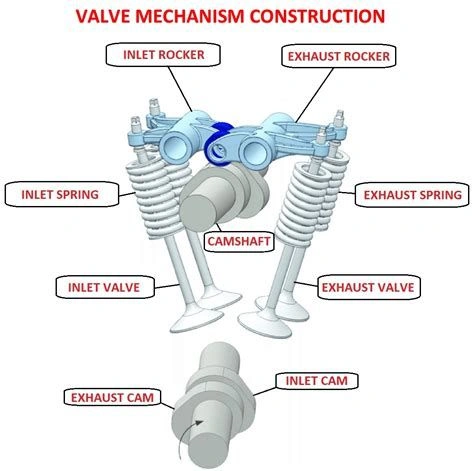 A close-up view of a camshaft and four valves, all labeled 