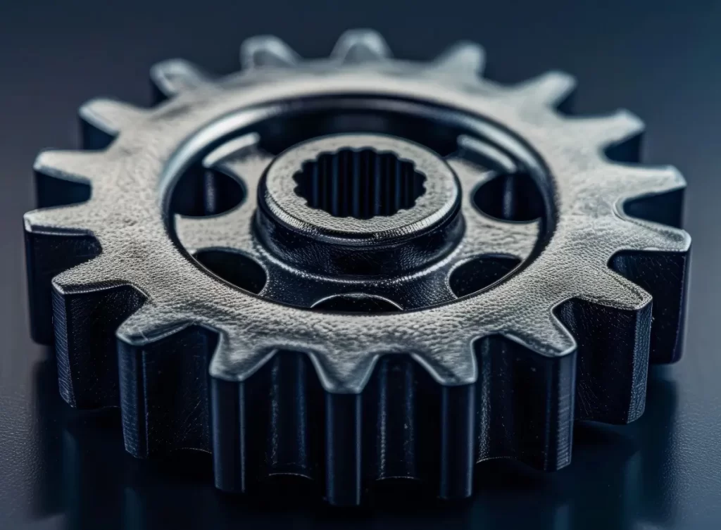 A closeup image of a black spur gear with chamfered edges on the teeth