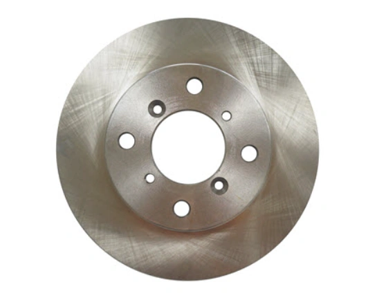 An image of a silvery titanium brake rotor disc with a central hole and other small holes of varying sizes