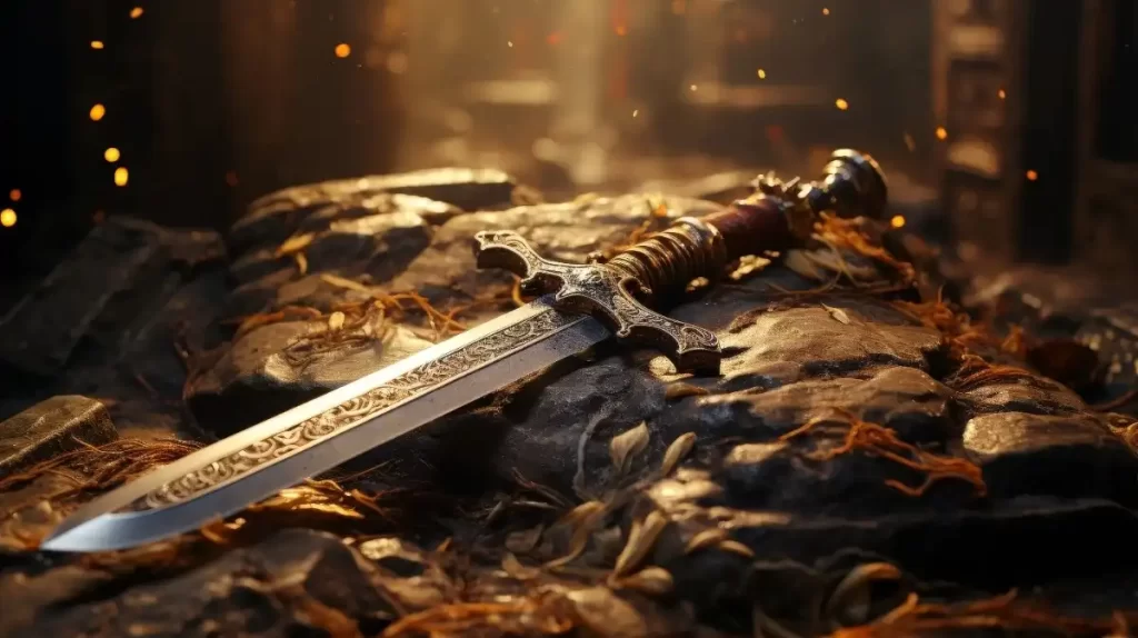 A silver sword resting on a rocky ground with filtered light in the background