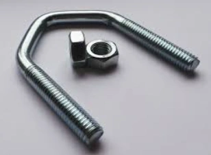 A shiny U-shaped metal fastener with threads on both ends and two bolts alongside it